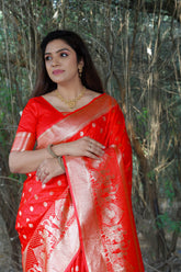 Beautiful Kanjivaram Soft Satin Red Silk Saree